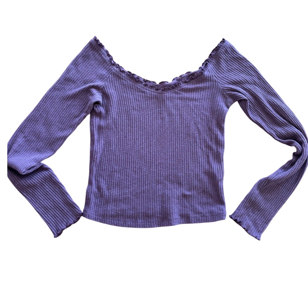 Abercrombie & Fitch Purple Ribbed Long Sleeve Lettuce Trim V-Neck Top Medium